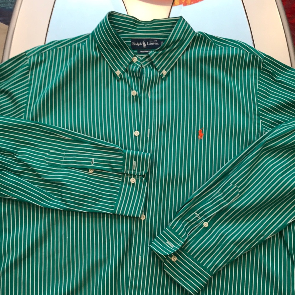 Men's green with white striped Ralph Lauren XXL long sleeved shirt, orange logo.